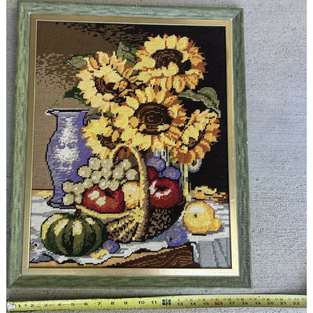Vintage Framed Needlepoint Sunflowers and Fruit Wall Art Decor